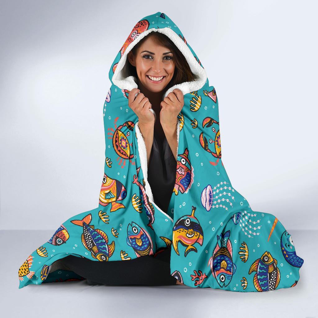 manatee whale fish octopus pattern print hooded blanket cloak blanket 3156
