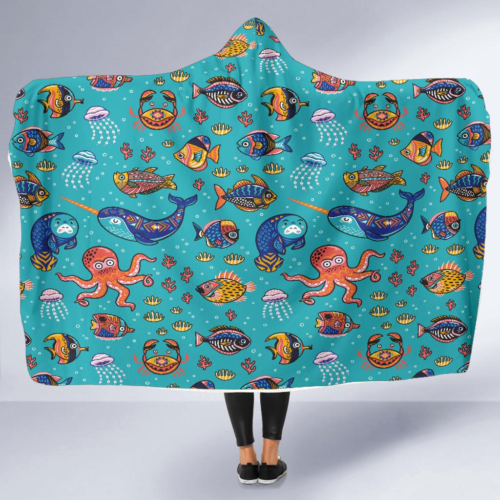manatee whale fish octopus pattern print hooded blanket cloak blanket 5194