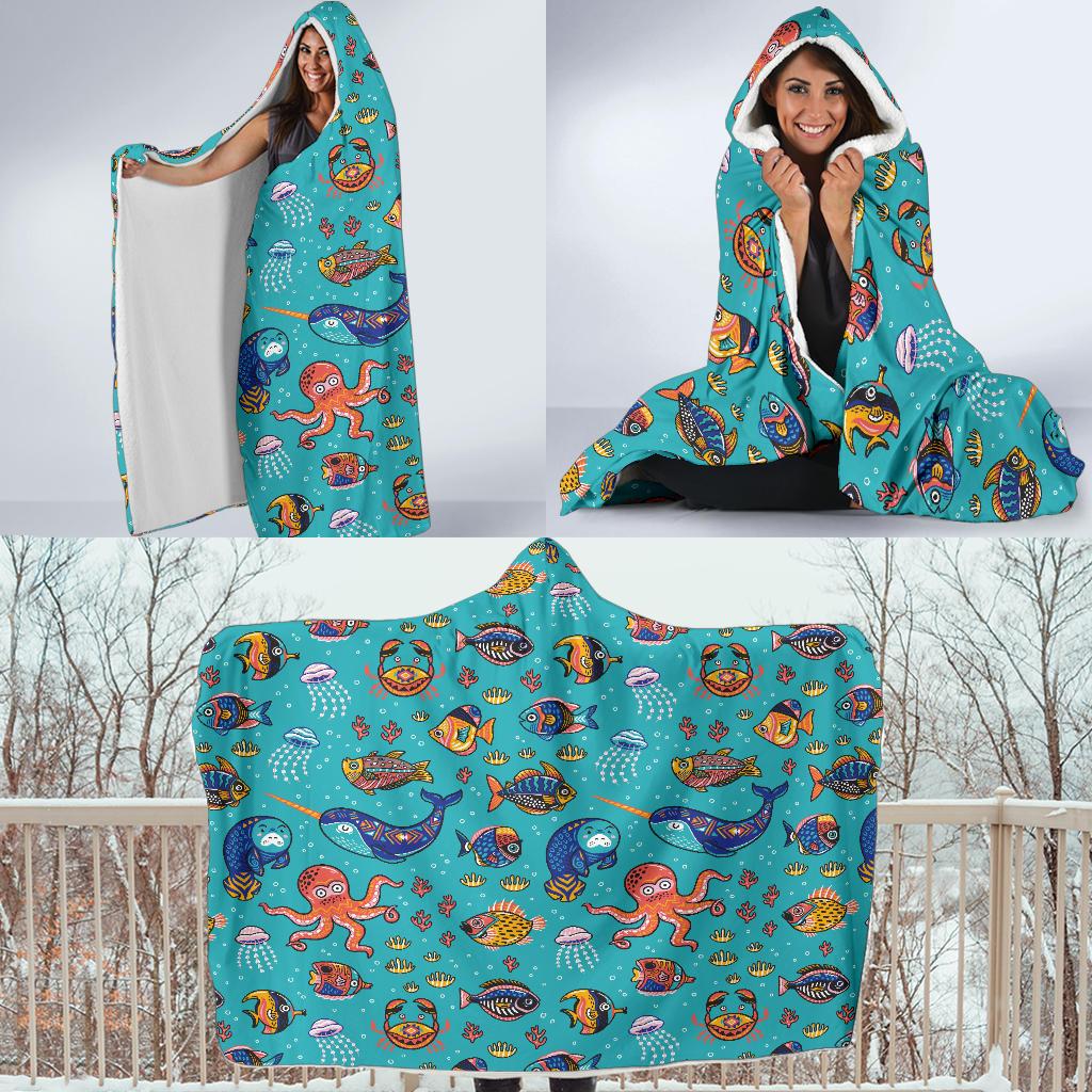 manatee whale fish octopus pattern print hooded blanket cloak blanket 8249