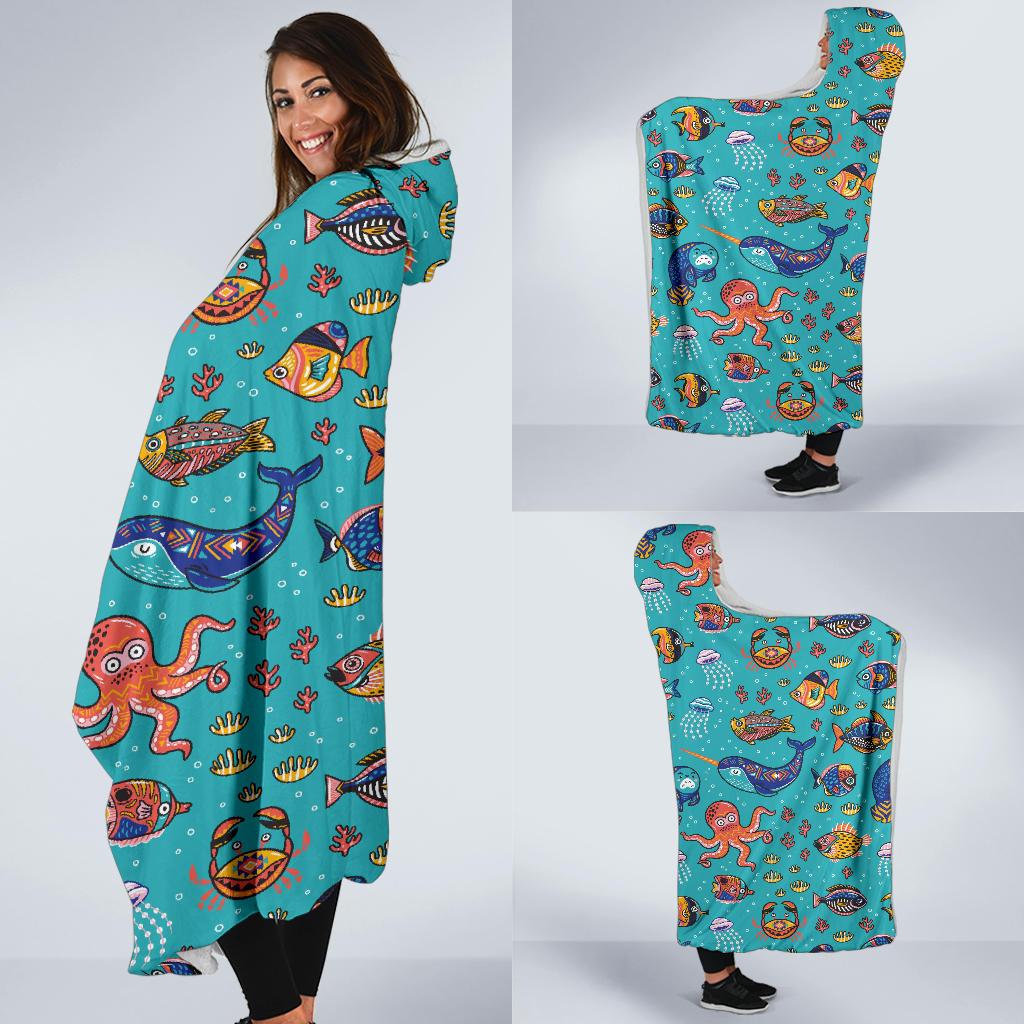 manatee whale fish octopus pattern print hooded blanket cloak blanket 8787