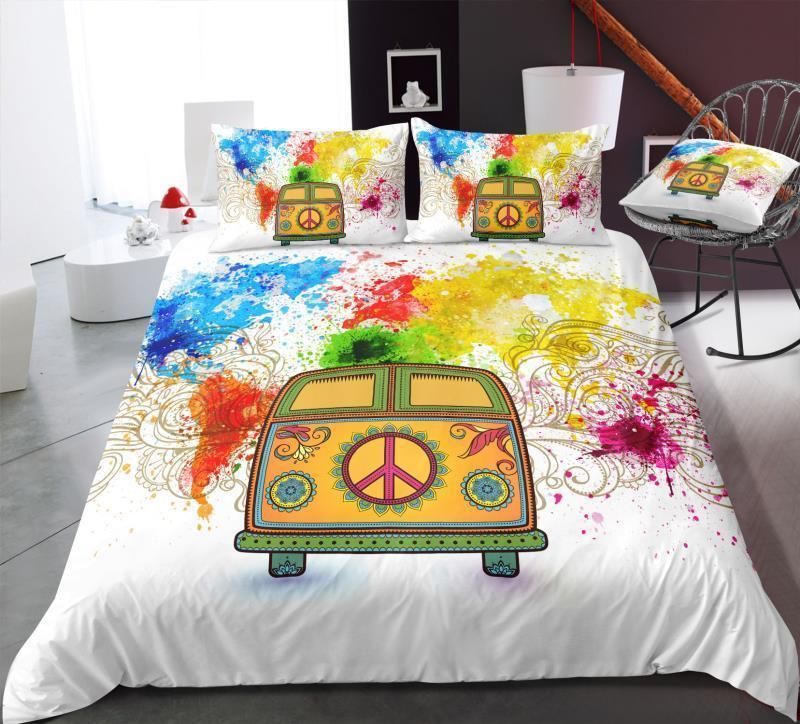 map and peace and love bus duvet cover bedding set 8694