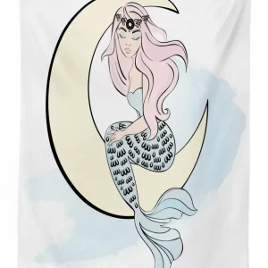 mermaid girl on crescent 3d printed tablecloth table decor 6930