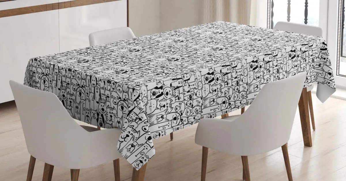 monochrome doodle art animals 3d printed tablecloth table decor 2025