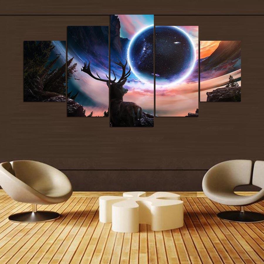 Moon And Deer Landscape - Abstract Animal 5 Panel Canvas Art Wall Decor moon and deer landscape abstract animal 5 panel canvas art wall decor 1406