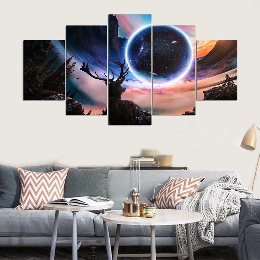Moon And Deer Landscape - Abstract Animal 5 Panel Canvas Art Wall Decor moon and deer landscape abstract animal 5 panel canvas art wall decor 3792