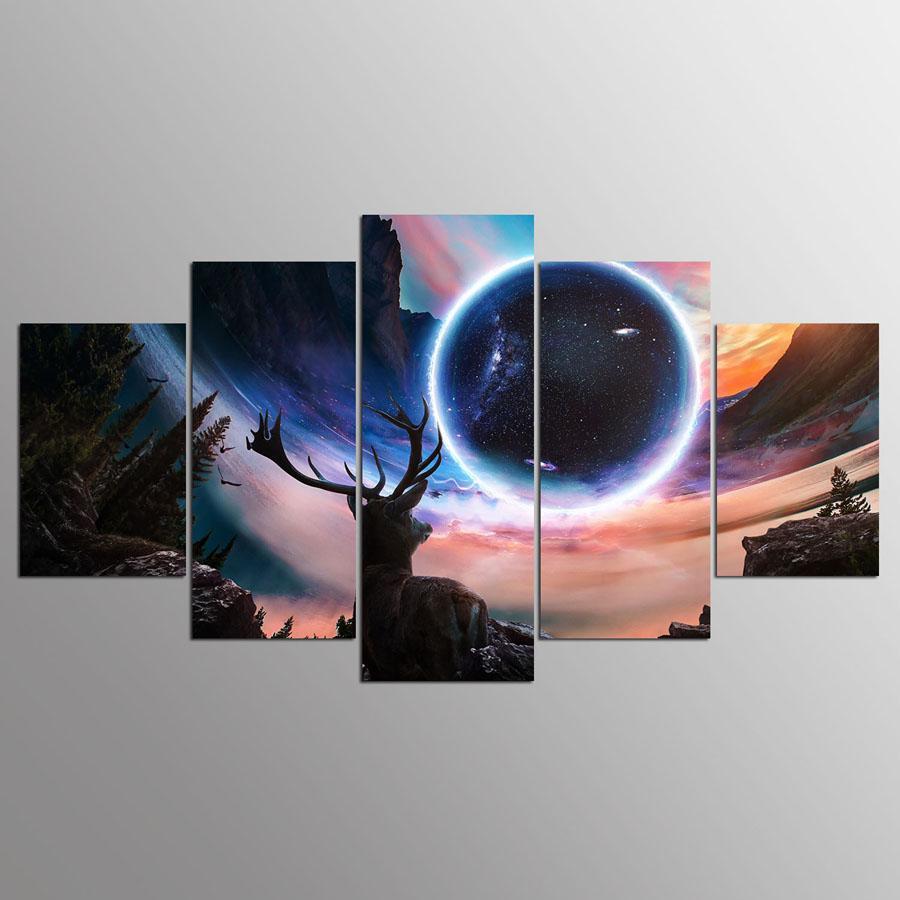 Moon And Deer Landscape - Abstract Animal 5 Panel Canvas Art Wall Decor moon and deer landscape abstract animal 5 panel canvas art wall decor 4168