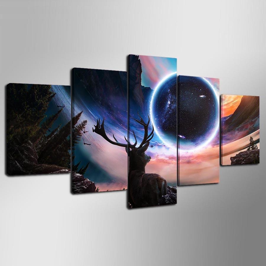 Moon And Deer Landscape - Abstract Animal 5 Panel Canvas Art Wall Decor moon and deer landscape abstract animal 5 panel canvas art wall decor 7200