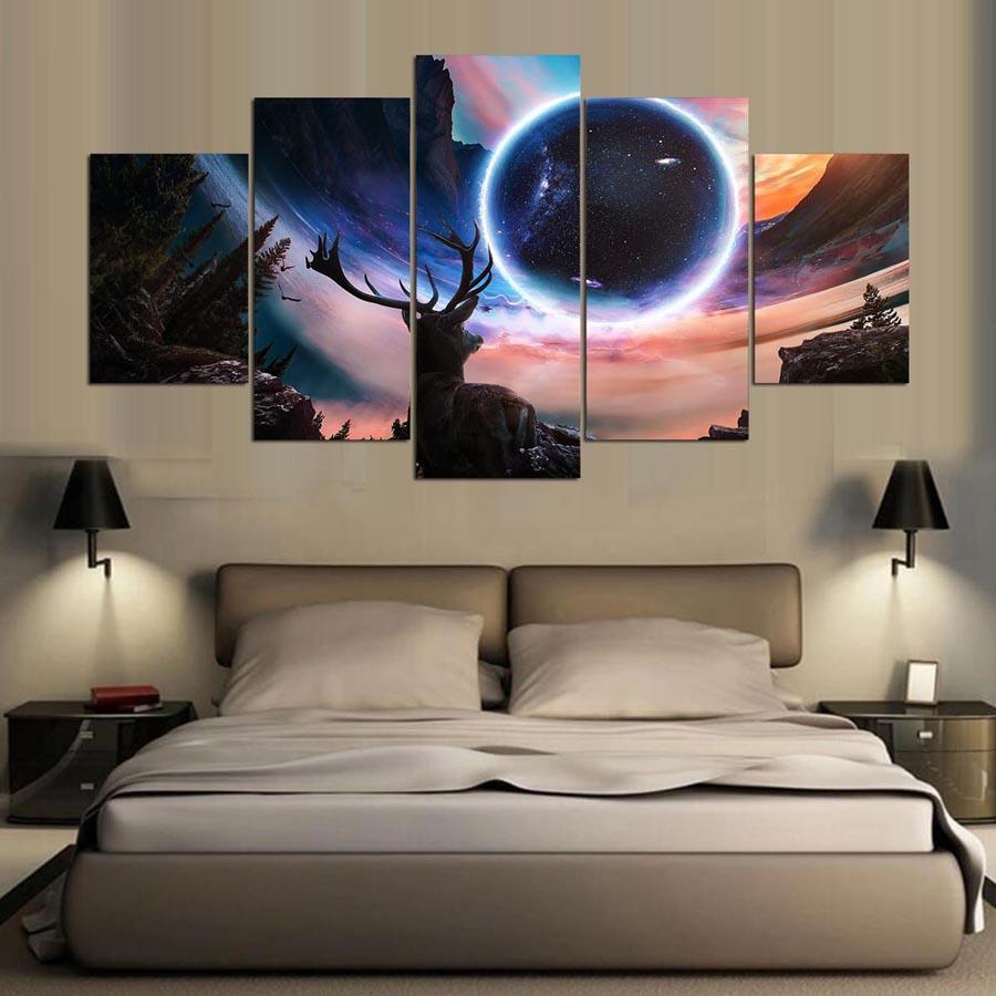Moon And Deer Landscape - Abstract Animal 5 Panel Canvas Art Wall Decor moon and deer landscape abstract animal 5 panel canvas art wall decor 7666