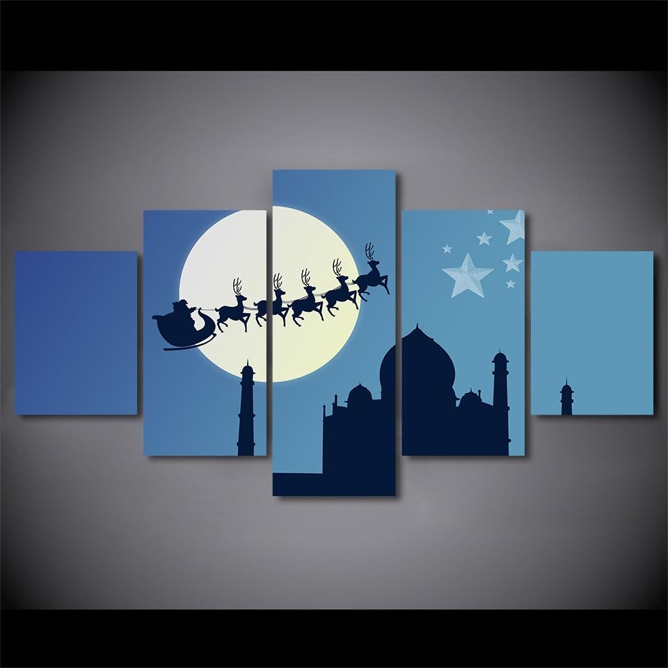 moon night santas sleigh abstract 5 panel canvas art wall decor 5229