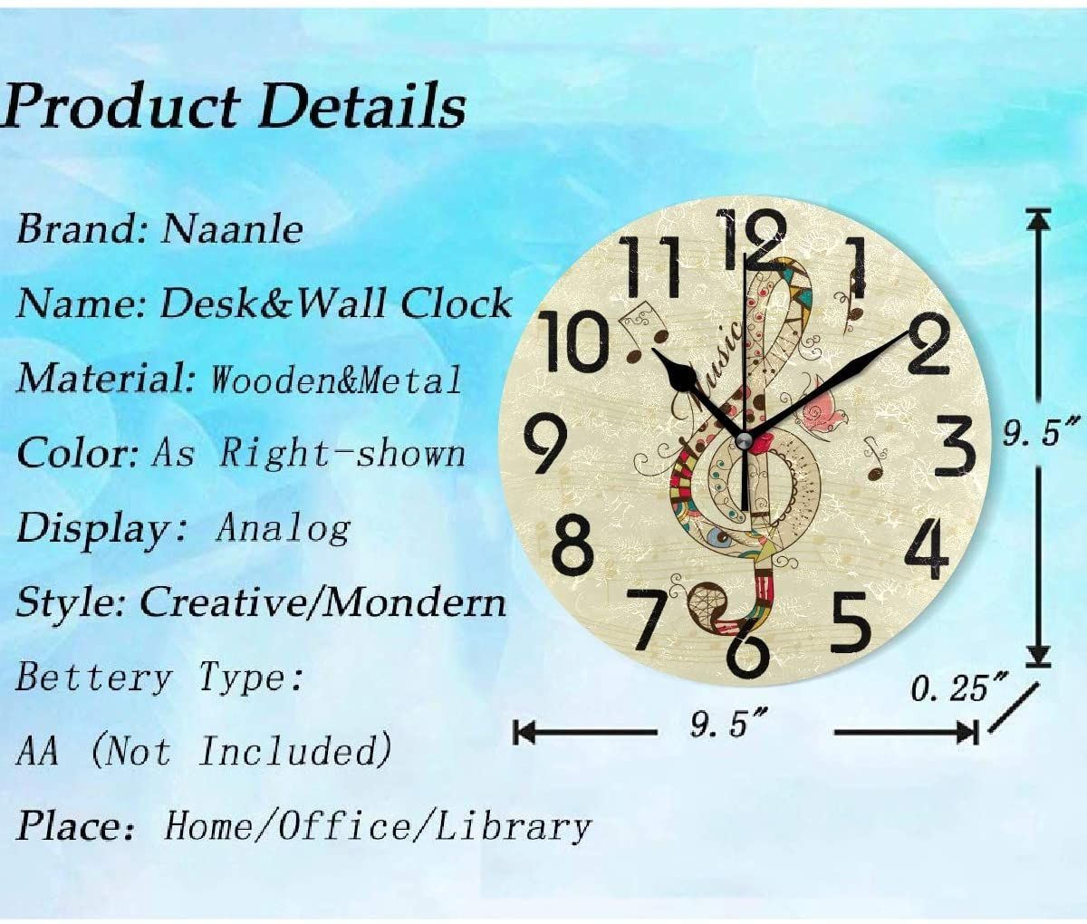 naanle chic treble clef pattern musical note print round wall clock 8217