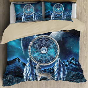 native american wolf howling dreamcatcher duvet cover bedding set bedroom decor 1378
