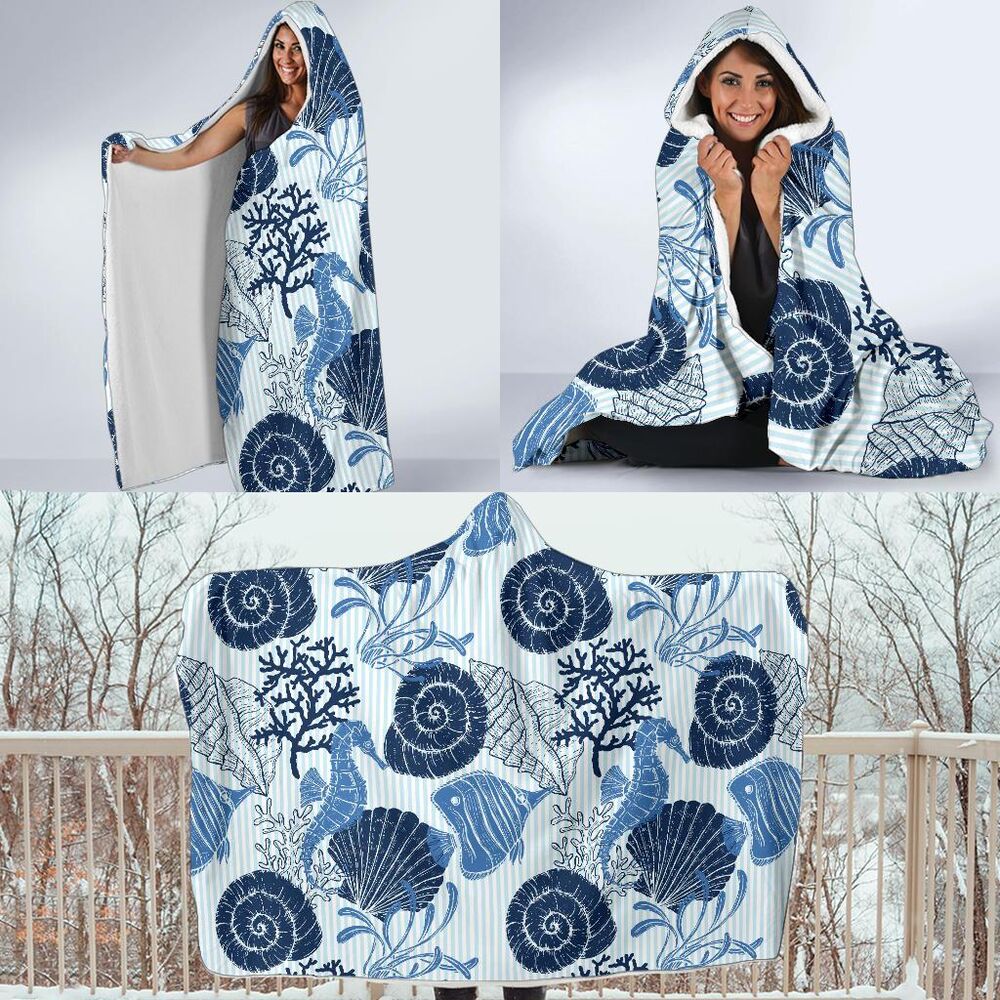 Ocean Pattern Print Hooded Blanket Cloak Blanket ocean pattern print hooded blanket cloak blanket 4317