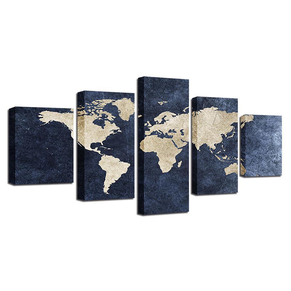 office gray blue world map abstract world map 5 panel canvas art wall decor 4802