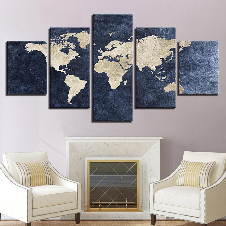 office gray blue world map abstract world map 5 panel canvas art wall decor 6430