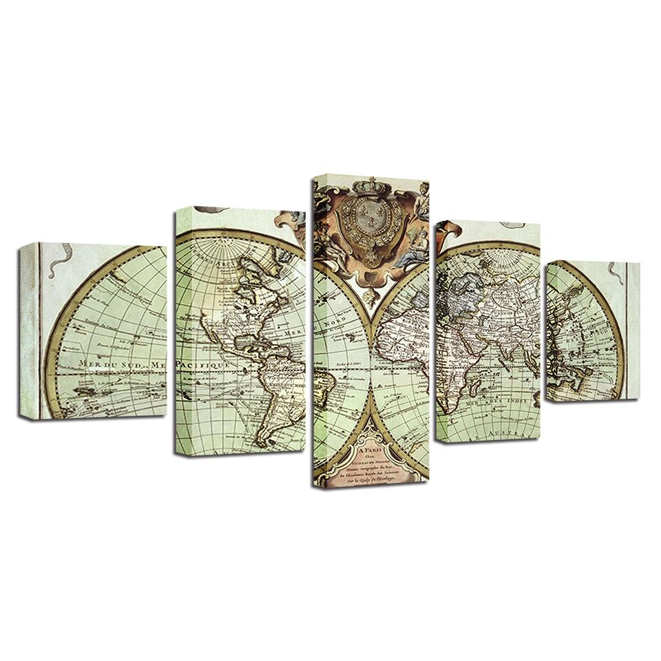 old world map retro vintage abstract 5 panel canvas art wall decor 2077