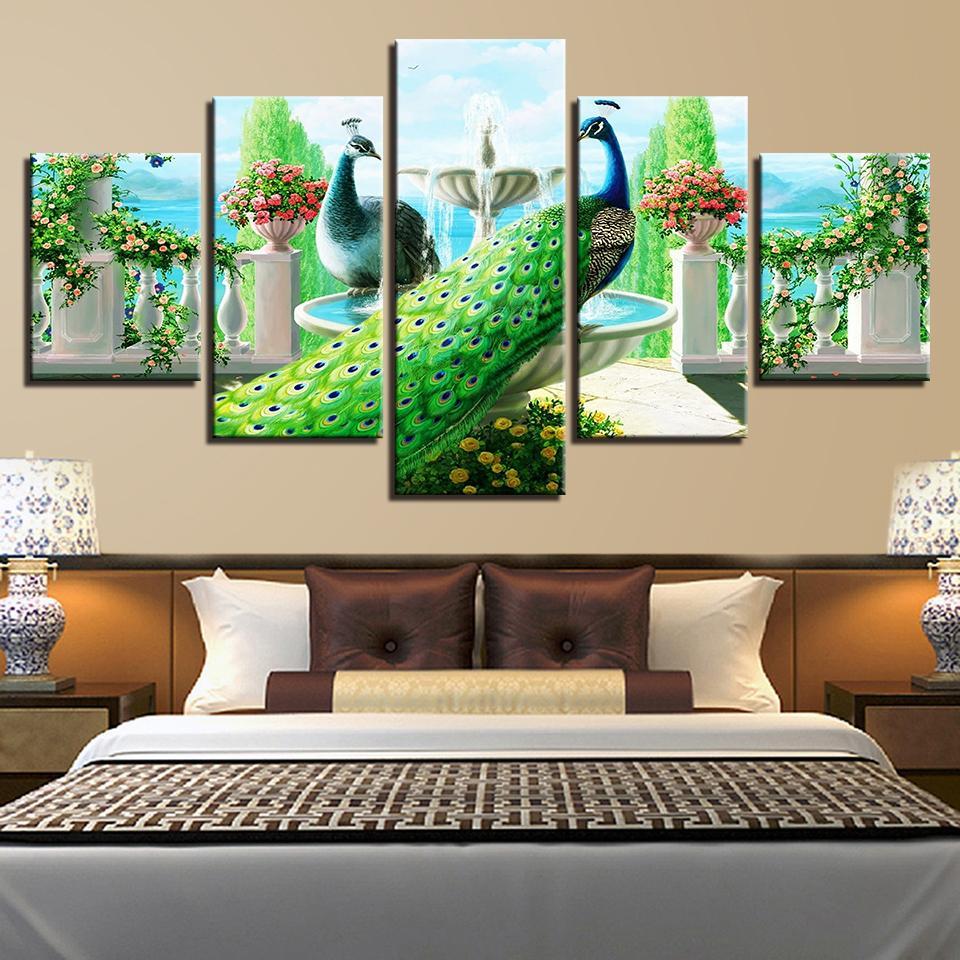 peacock couple garden abstract animal 5 panel canvas art wall decor 2436