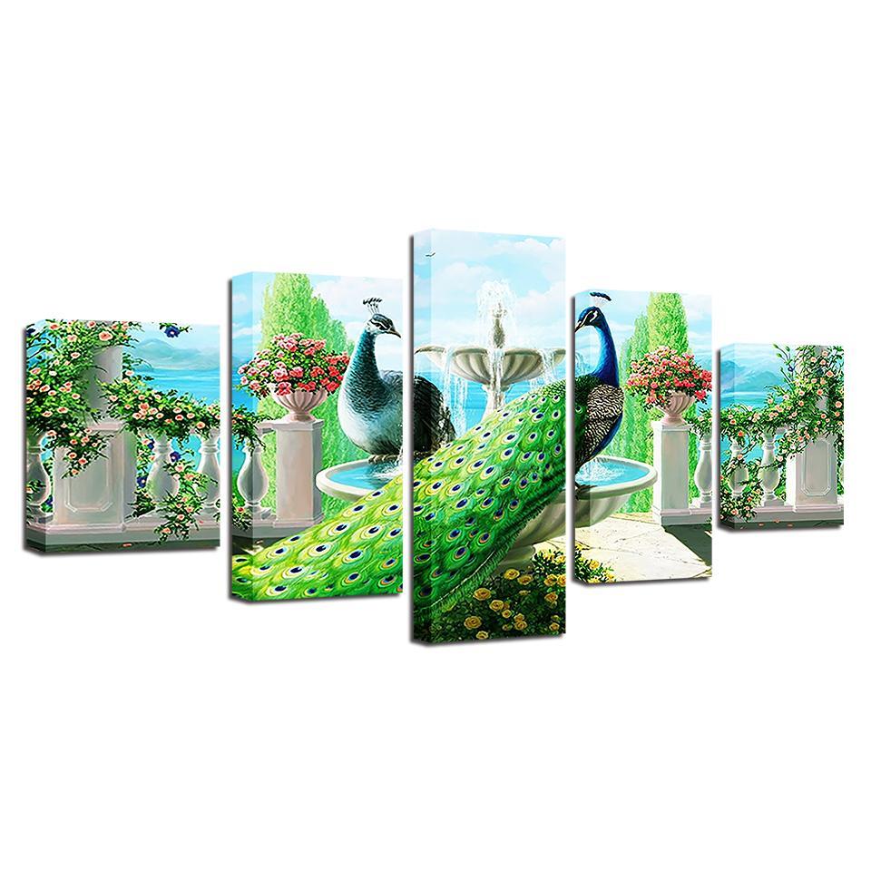 peacock couple garden abstract animal 5 panel canvas art wall decor 2813