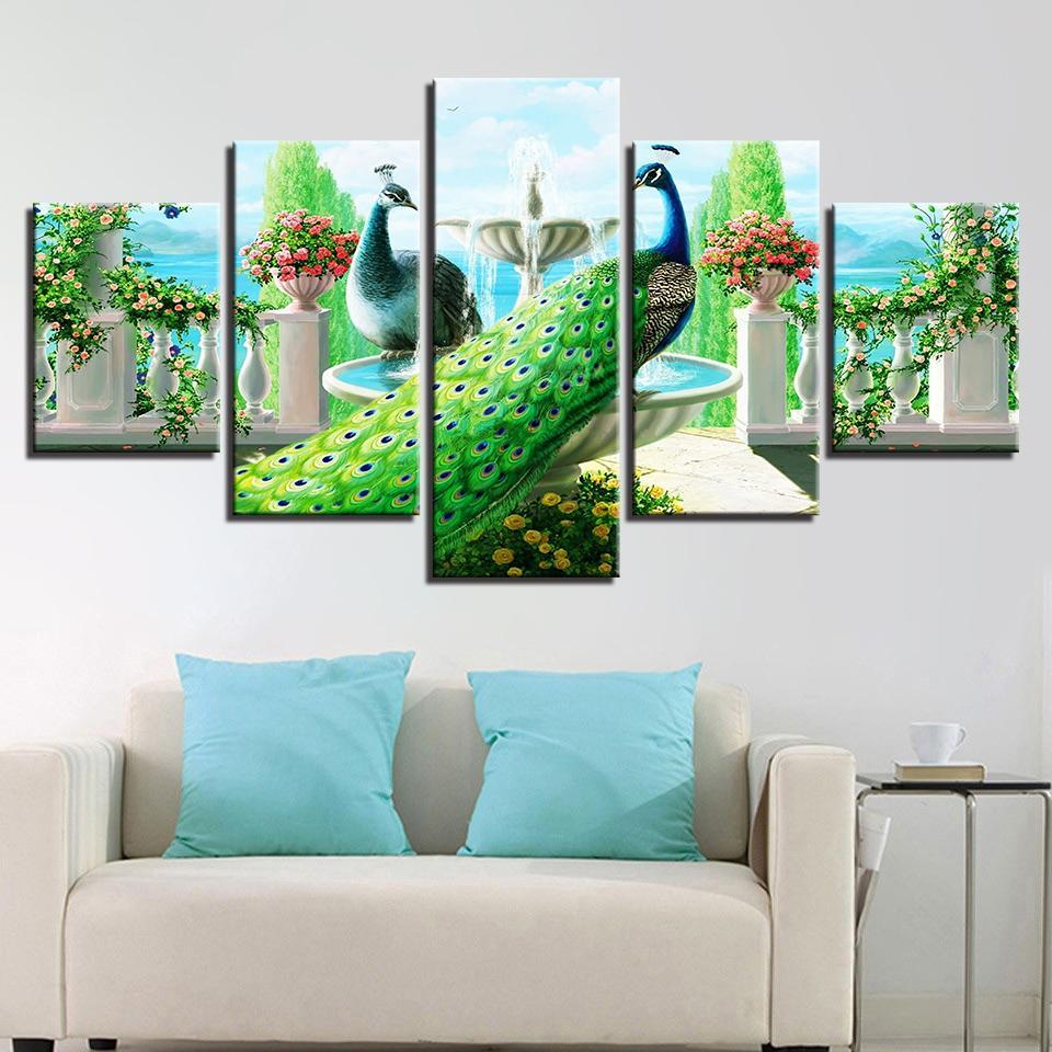 peacock couple garden abstract animal 5 panel canvas art wall decor 5538