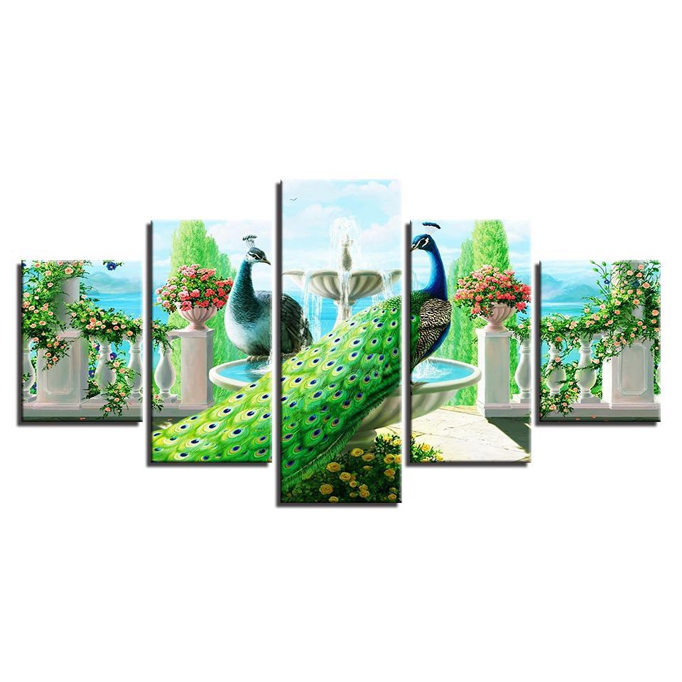 peacock couple garden abstract animal 5 panel canvas art wall decor 6398