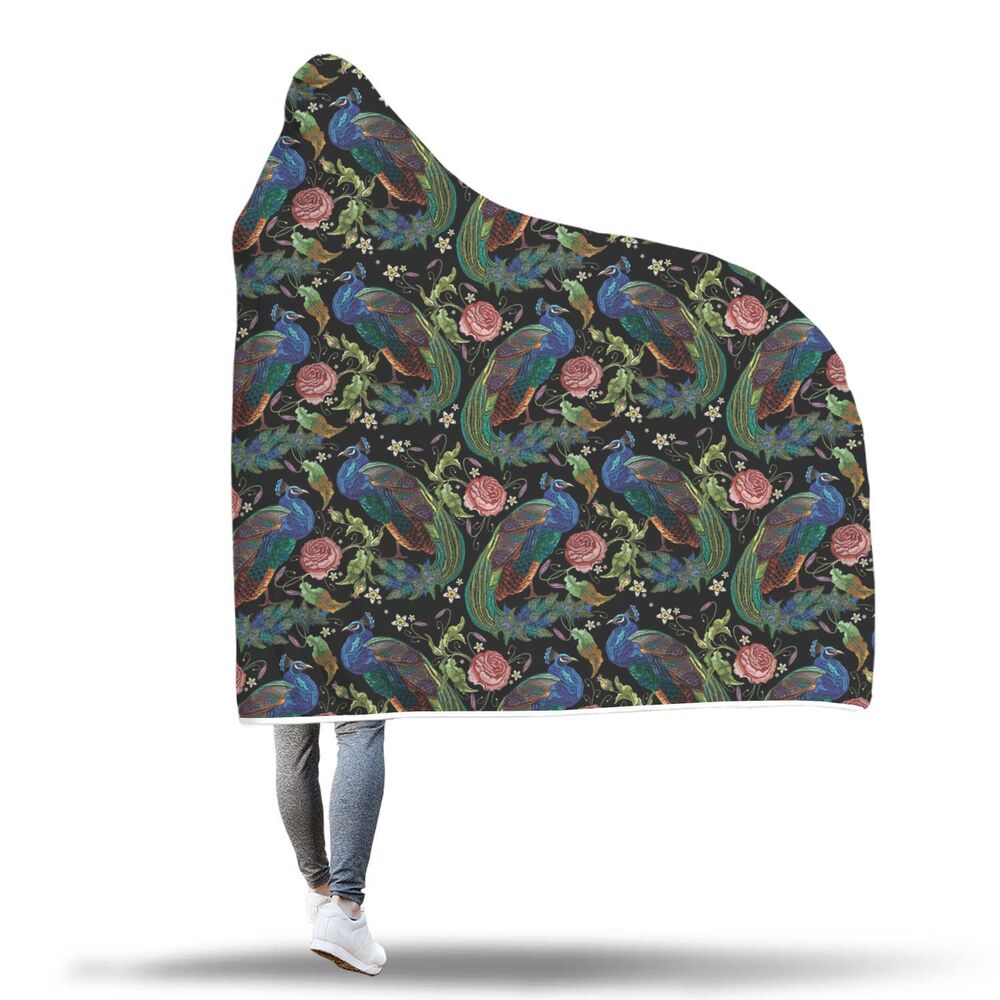 Peacock Rose Pattern Print Hooded Blanket Cloak Blanket peacock rose pattern print hooded blanket cloak blanket 3184