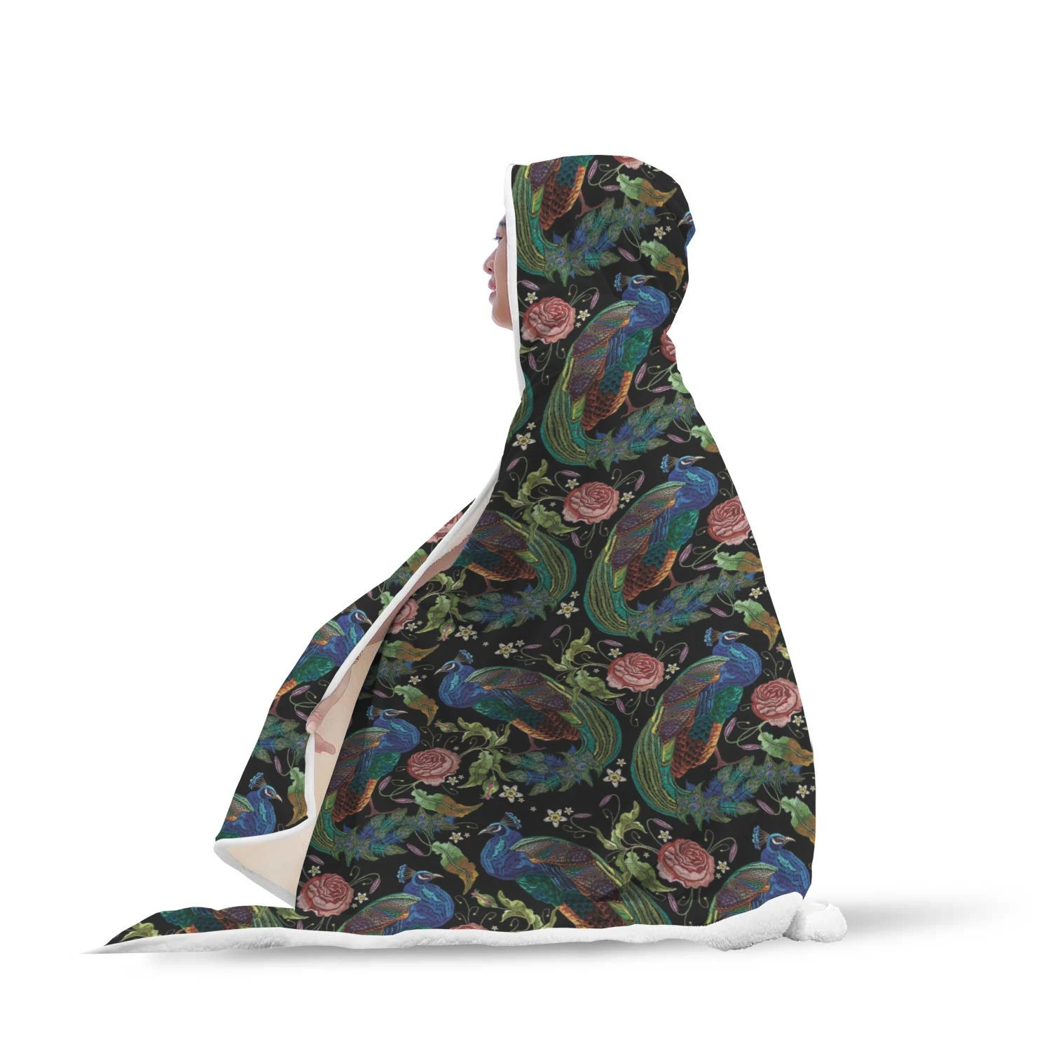 Peacock Rose Pattern Print Hooded Blanket Cloak Blanket peacock rose pattern print hooded blanket cloak blanket 7824