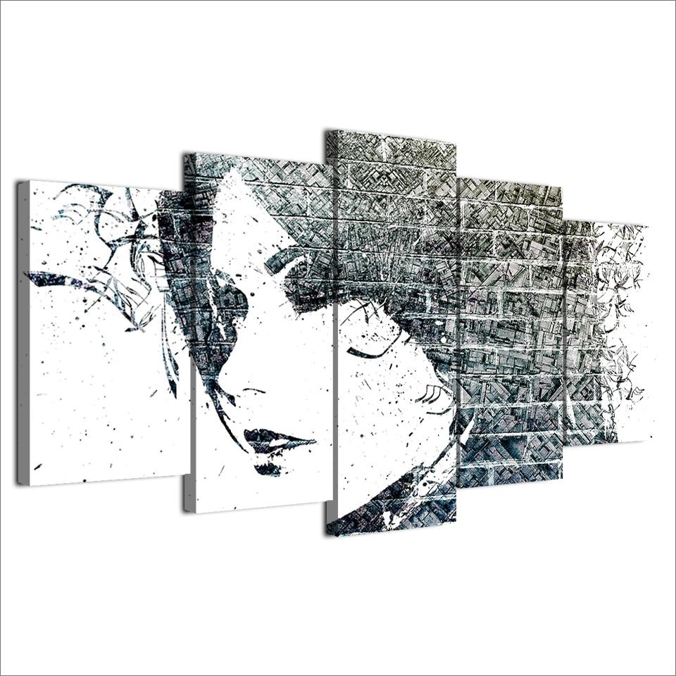 pensive girl sketch abstract 5 panel canvas art wall decor 6120