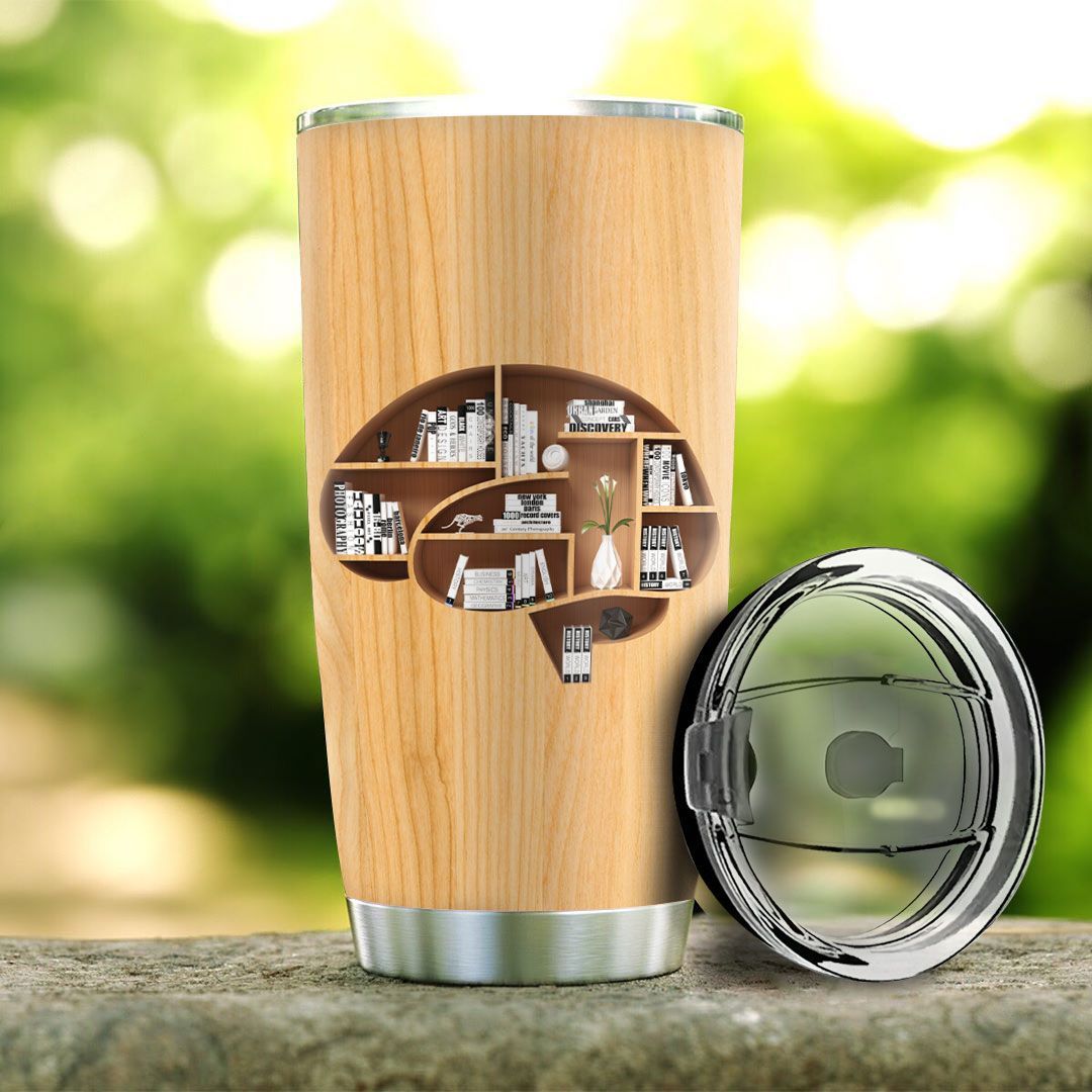 personalized book lover brain wood style stainless steel tumbler 4347