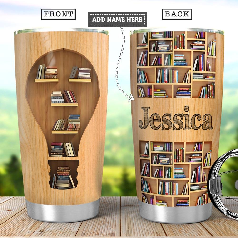 personalized book lover light bulb wood style stainless steel tumbler 6908