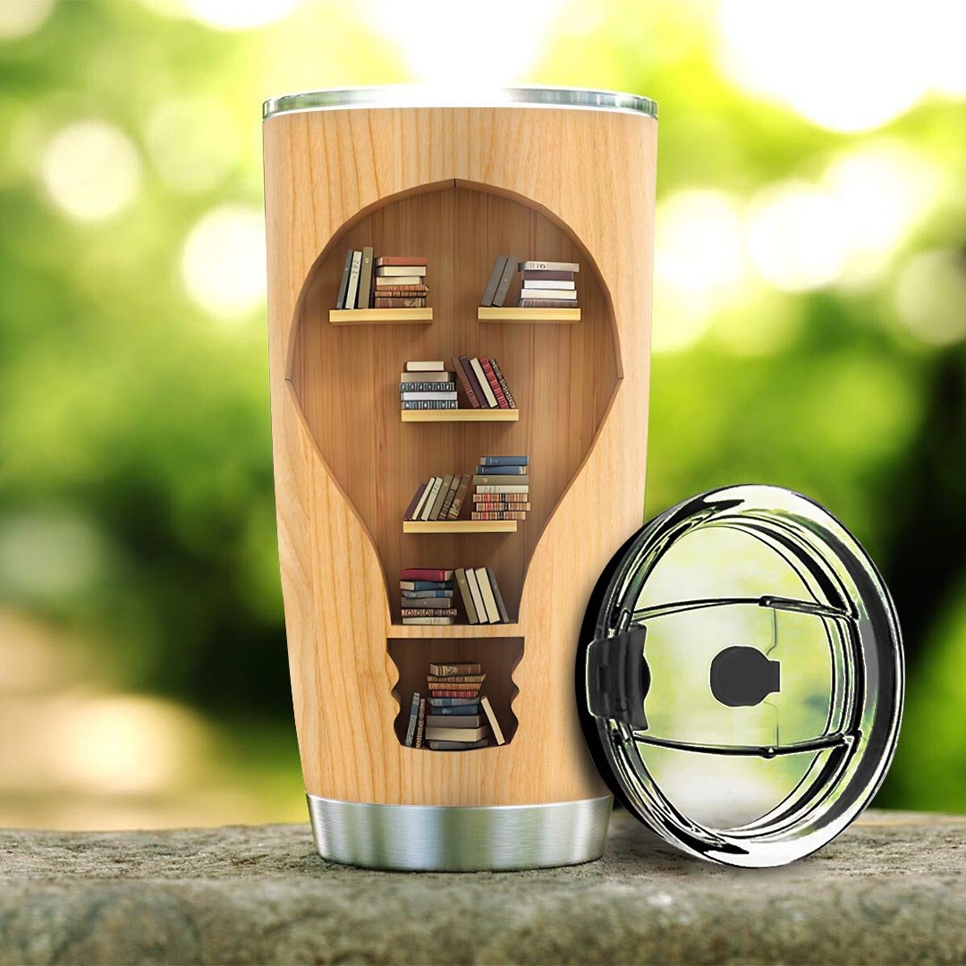 personalized book lover light bulb wood style stainless steel tumbler 7901