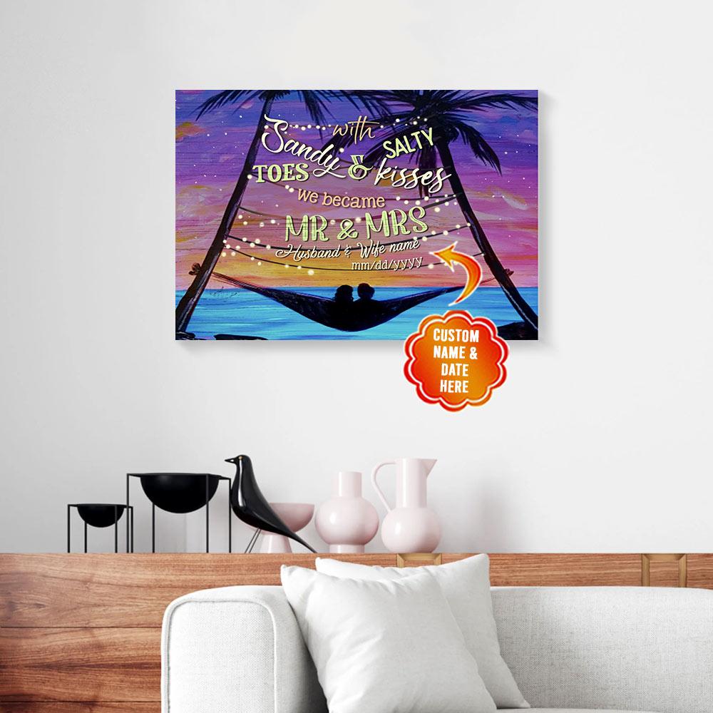 personalized gift for couple beach canvas wall art with sandy toes and salty kisses 1084