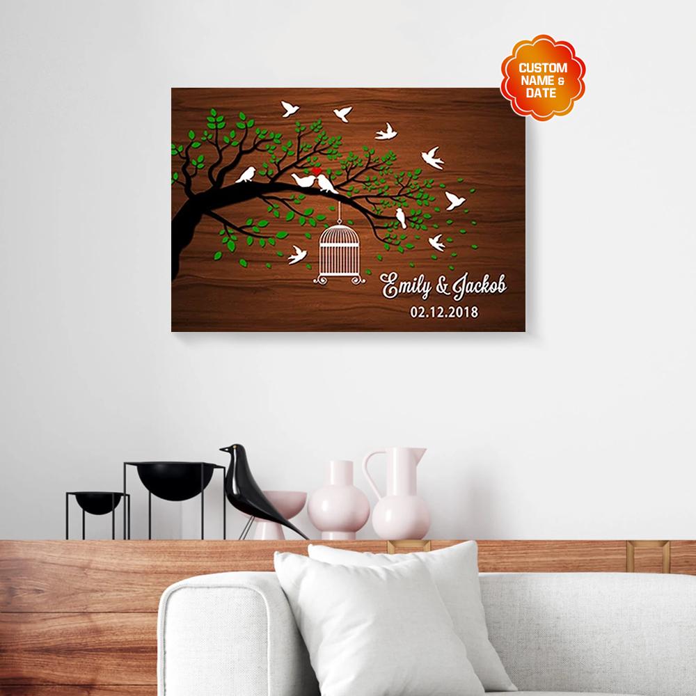 personalized gift for couple birds tree canvas wall art 5804