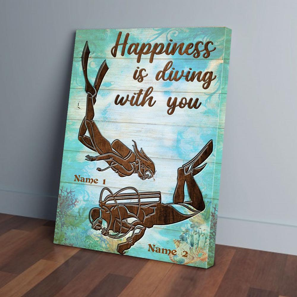 personalized gift for couple diving canvas wall art happiness is diving with you 3593