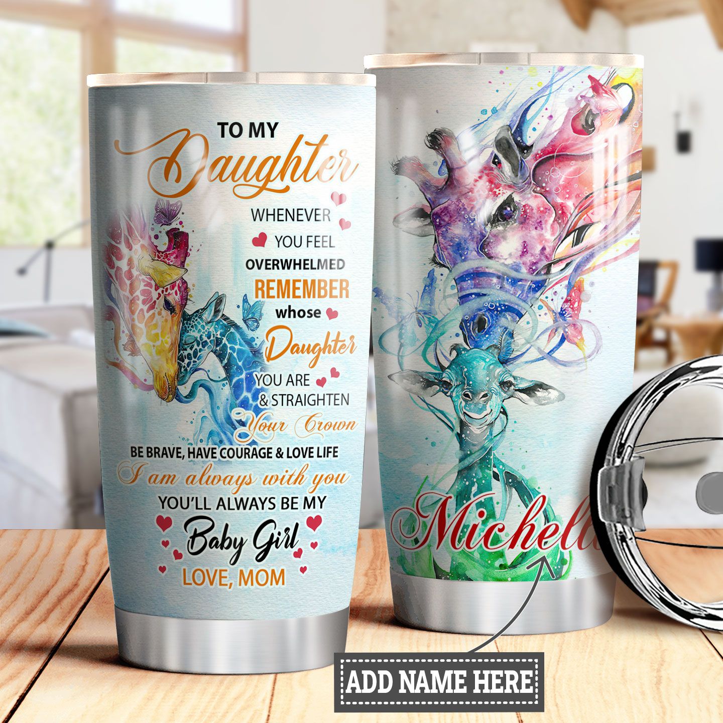 personalized giraffe mom to daughter stainless steel tumbler 3348
