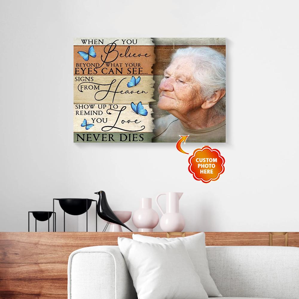 personalized memorial gift butterfly canvas wall art when you believe beyond 7686