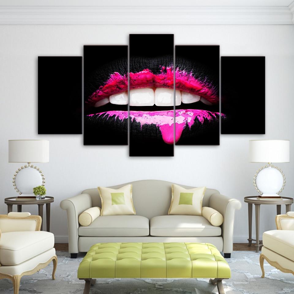 pink lips girl style abstract 5 panel canvas art wall decor 6186
