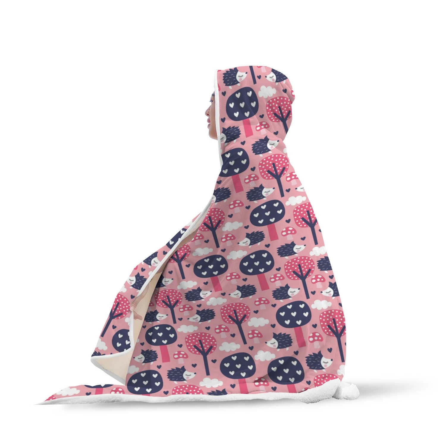 pink mushroom three hedgehogs pattern print hooded blanket cloak blanket 2709