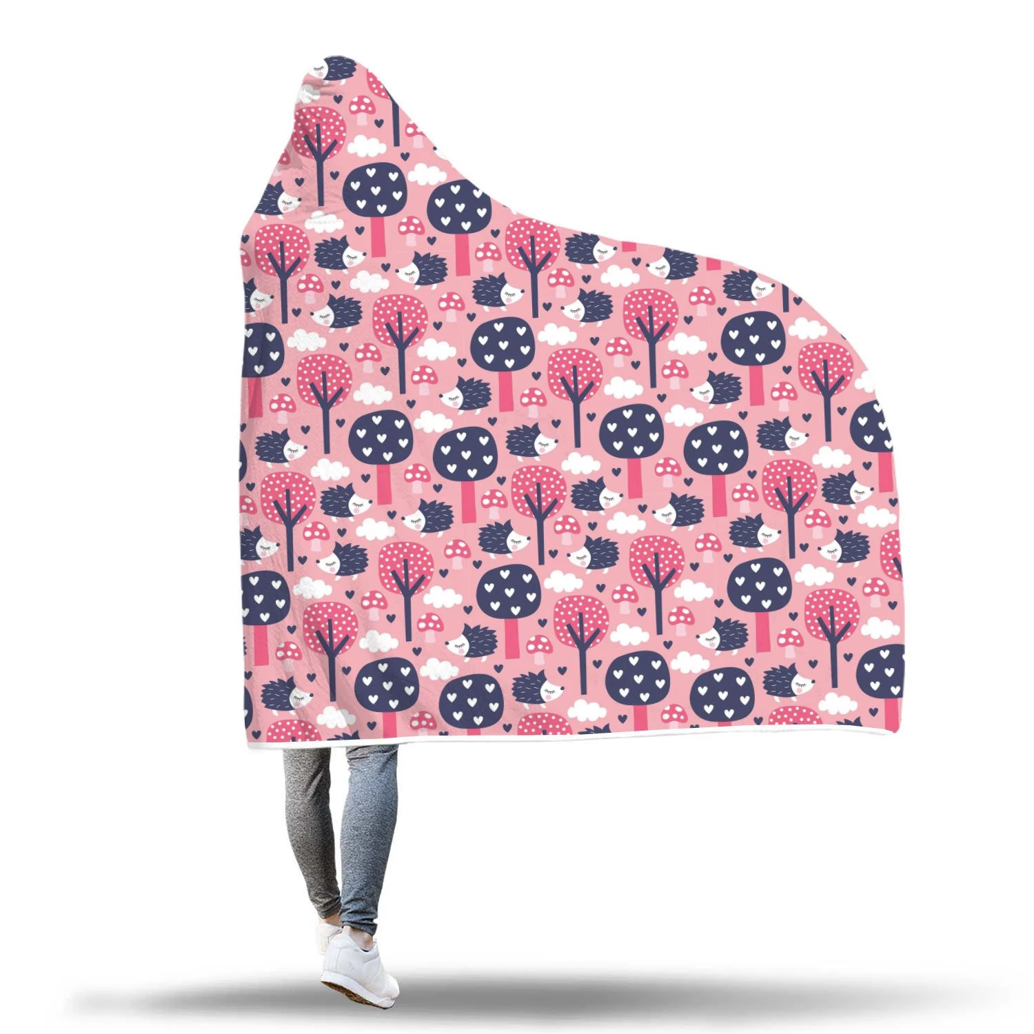 pink mushroom three hedgehogs pattern print hooded blanket cloak blanket 3550