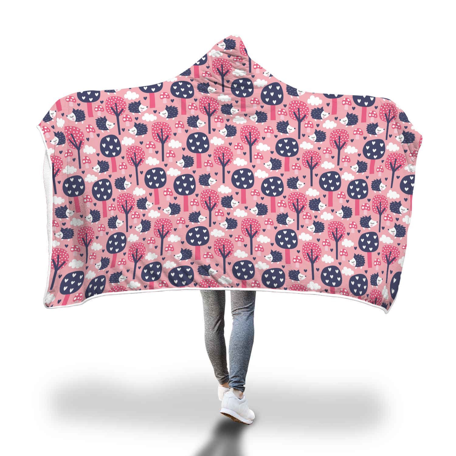 pink mushroom three hedgehogs pattern print hooded blanket cloak blanket 6369