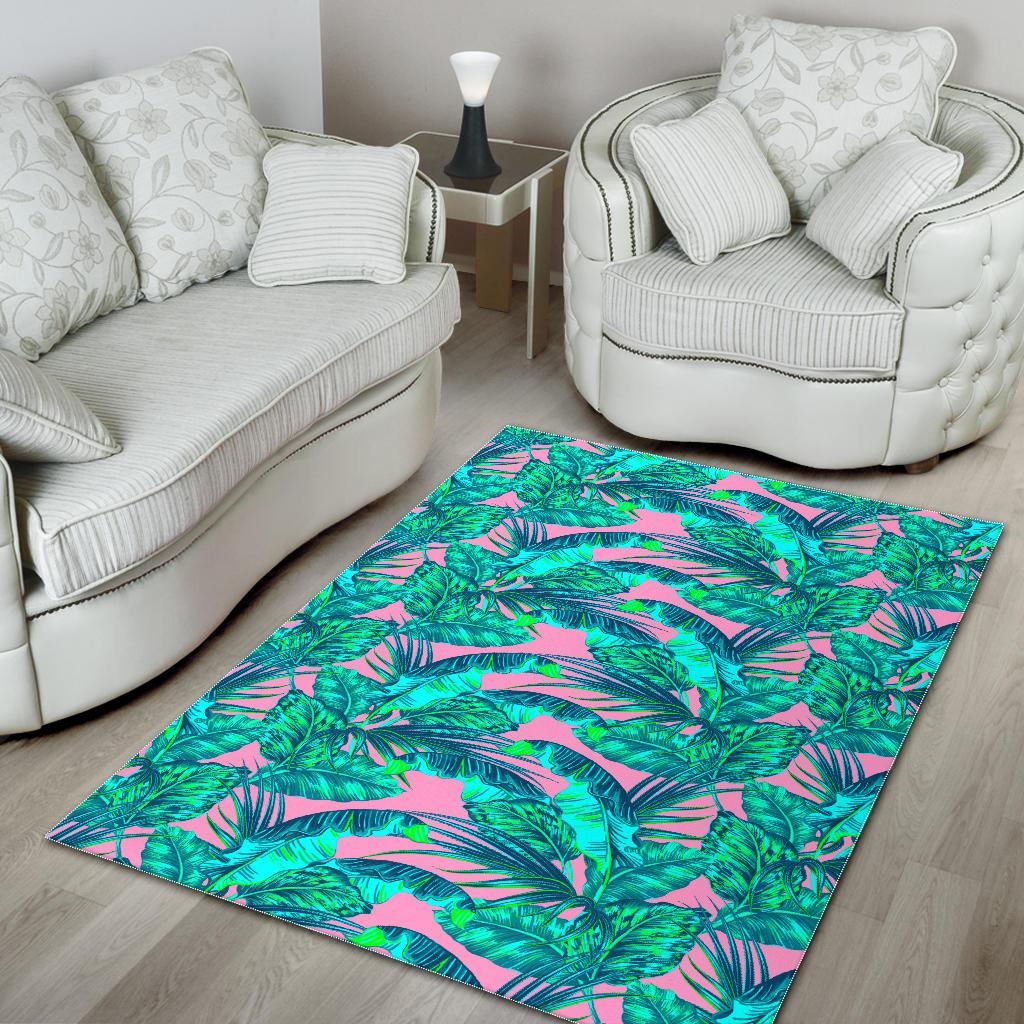 Pink Teal Tropical Leaf Pattern Print Area Rug Floor Decor pink teal tropical leaf pattern print area rug floor decor 6787