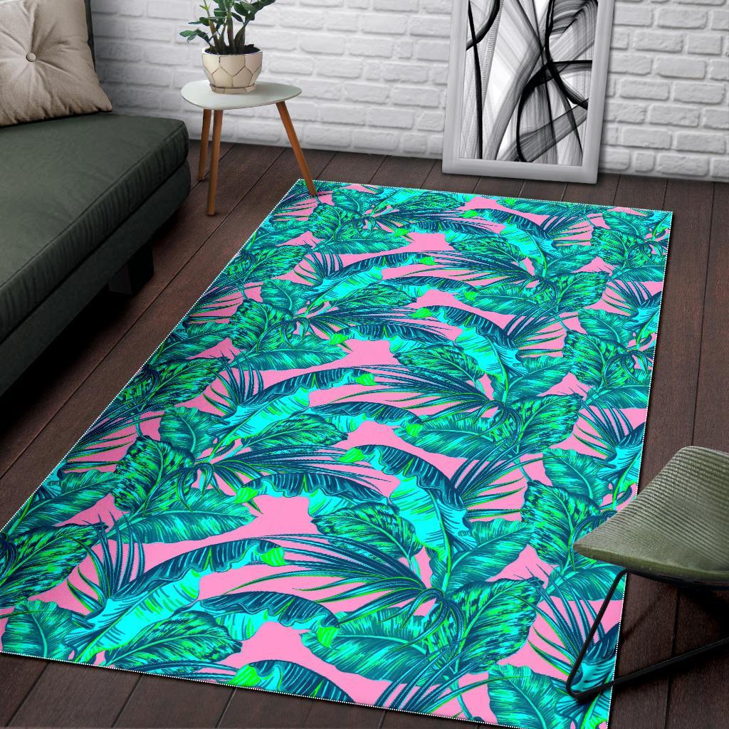 Pink Teal Tropical Leaf Pattern Print Area Rug Floor Decor pink teal tropical leaf pattern print area rug floor decor 7605