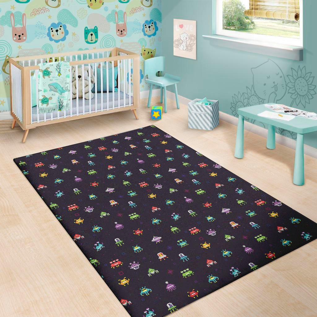 Pixel UFO Aliens Pattern Print Area Rug Floor Decor