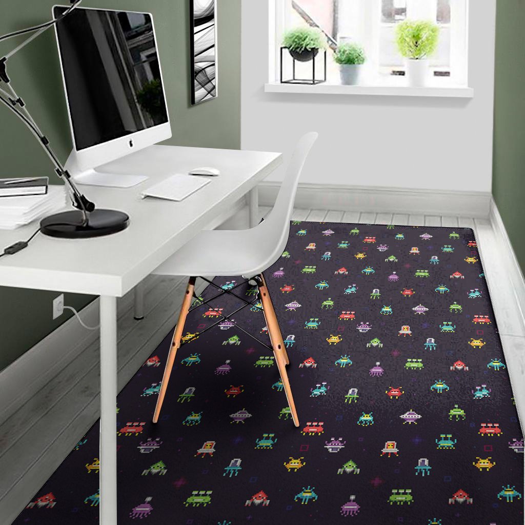 Pixel UFO Aliens Pattern Print Area Rug Floor Decor