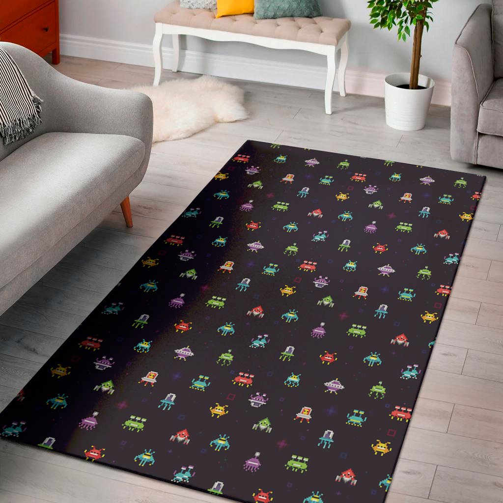 Pixel UFO Aliens Pattern Print Area Rug Floor Decor