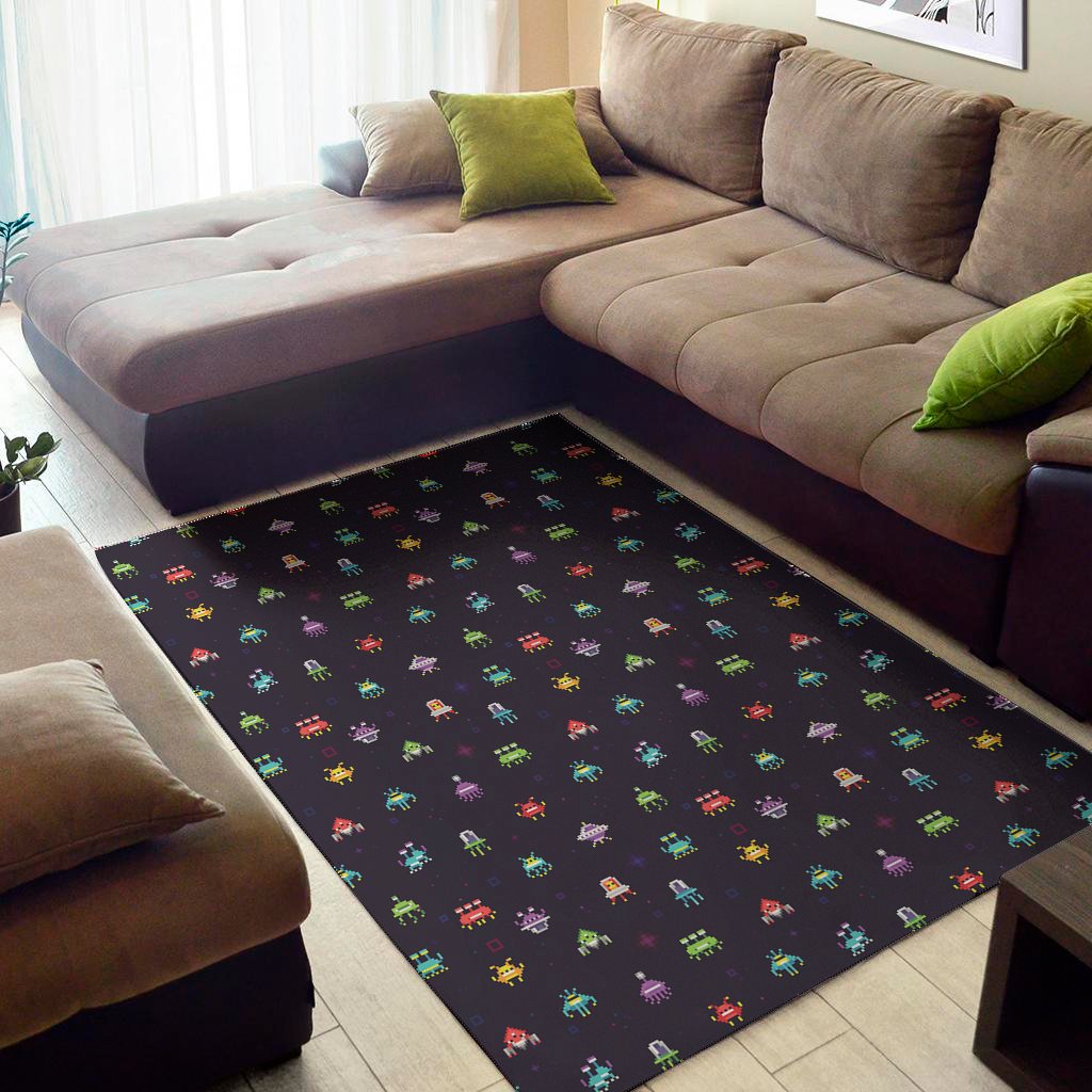 Pixel UFO Aliens Pattern Print Area Rug Floor Decor