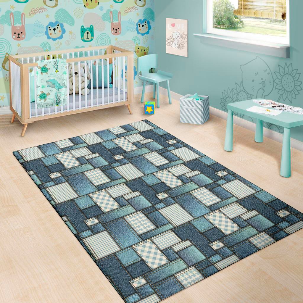 plaid and denim patchwork pattern print area rug floor decor 1469
