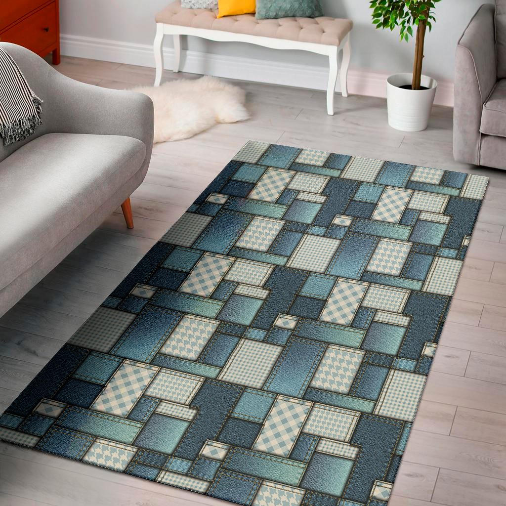 plaid and denim patchwork pattern print area rug floor decor 1975