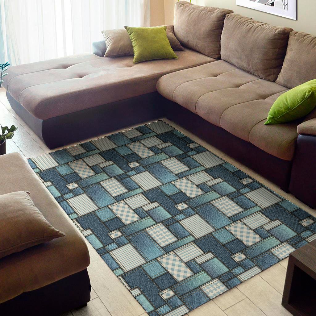 plaid and denim patchwork pattern print area rug floor decor 2787