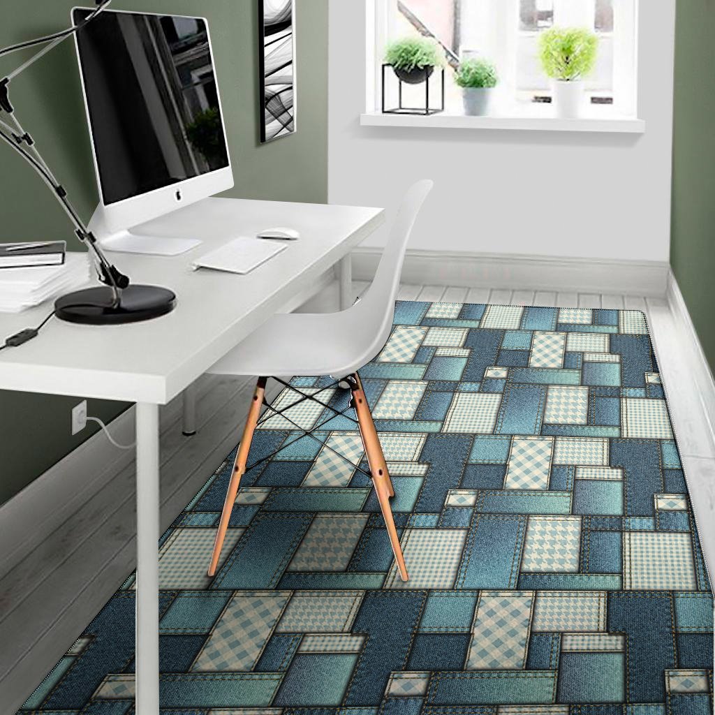 plaid and denim patchwork pattern print area rug floor decor 4639