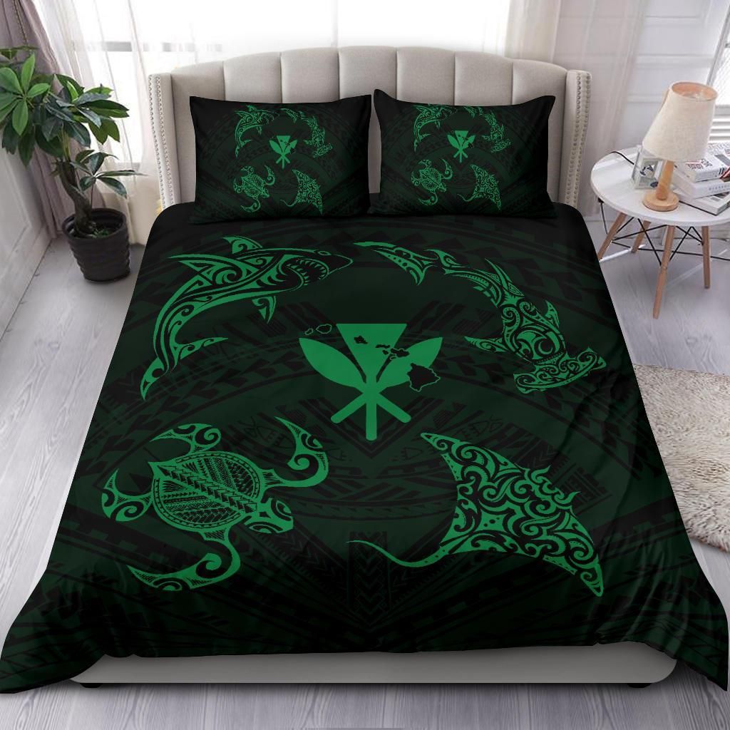 polynesian turtle hammerhead shark ray kanaka hawaii circle green duvet cover bedding set 1226