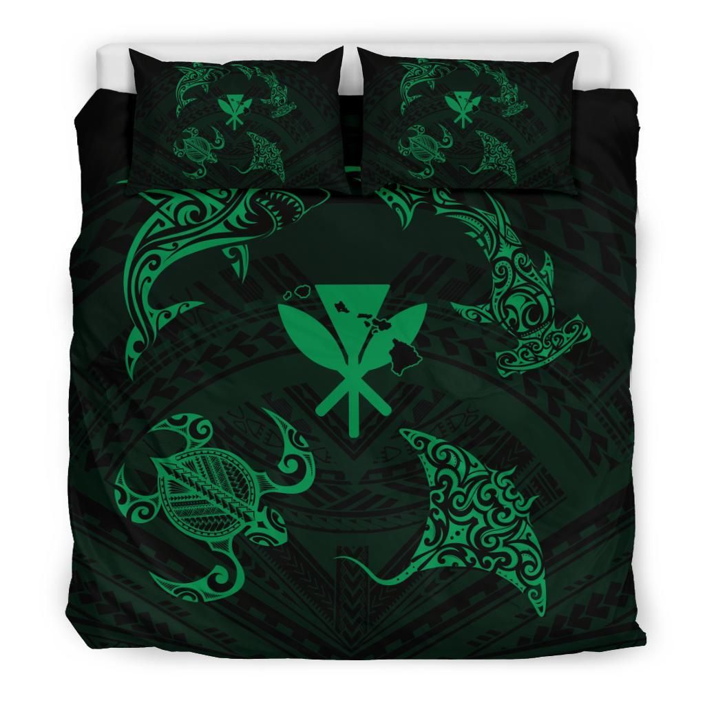polynesian turtle hammerhead shark ray kanaka hawaii circle green duvet cover bedding set 5490